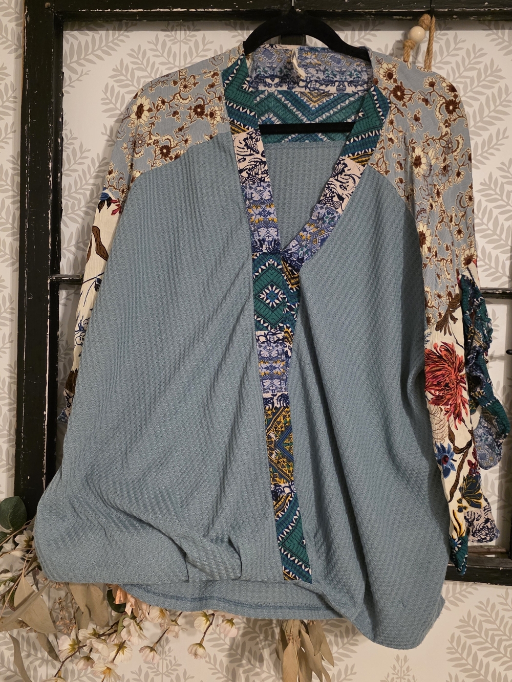 Umgee Dusty Blue Patchwork Open-Front Tunic